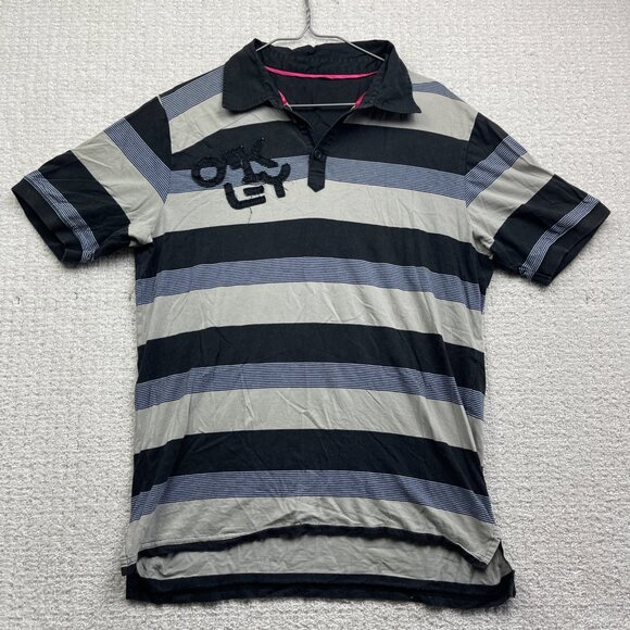 Y2K Oakley Embroidered Men's Blue / Grey Stripped Polo T Shirt Read* Golf - Picture 1 of 14